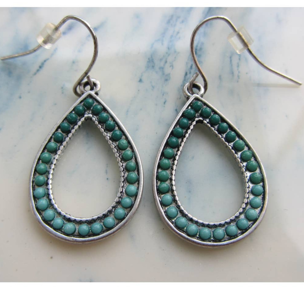 Faux Turquoise Ombre Stone & Silver Accent Dangle Hoop Earrings